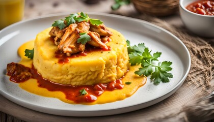 Wall Mural - Polenta with chicken and sauce on a plate. Xinxim with polenta.
