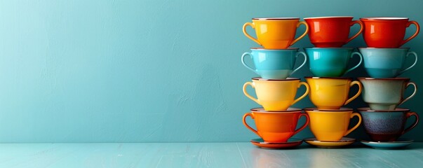 Poster - A stack of colorful teacups arranged in a tall tower against a clean background, leaving room at the top for text.