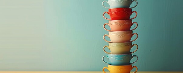 Poster - A stack of colorful teacups arranged in a tall tower against a clean background, leaving room at the top for text.