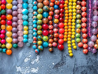 Poster - A pile of colorful beads stacked creatively on a plain surface, providing ample space on the left for text.