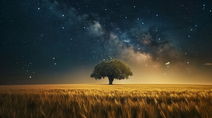 Wall Mural - A large wheat field under the starry sky, with an old tree in the center of it. The grass is golden yellow and lush, creating a beautiful contrast against the dark night sky. There a no other elements