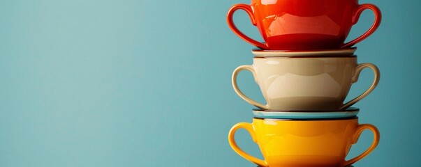 Poster - A stack of colorful teacups arranged in a tall tower against a clean background, leaving room at the top for text.