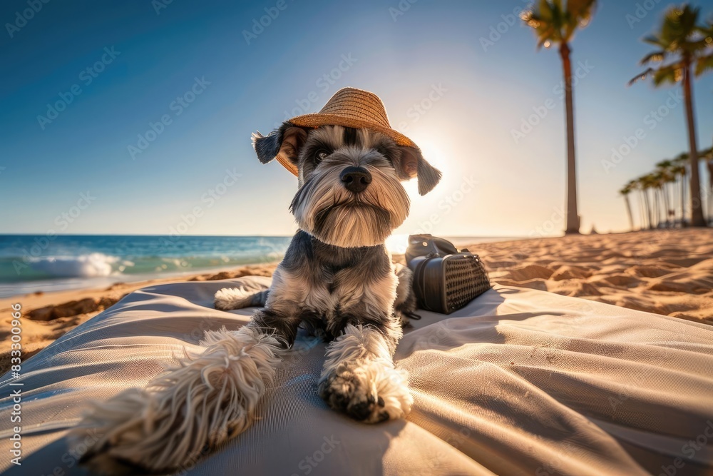 Cute dog in a hat relaxing on a beach during sunset with palm trees and ...