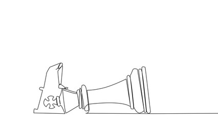 Poster - Animated self drawing of single continuous line drawing smart robot holding flag, defeat competitor in business as winning chess game. Strategy success for advantage. Full length single line animation
