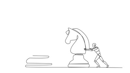 Sticker - Self drawing animation of continuous one line drawing smart robot future tech push huge horse chess piece. Business strategy, marketing plan. Strategic move in business. Full length animated