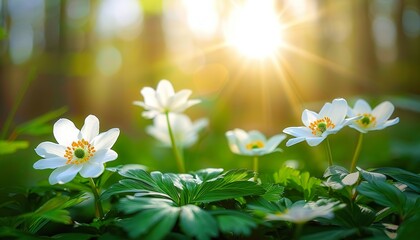 Wall Mural - Close-up of beautiful white anemones in spring forest sunlight, nature landscape with flowering primroses. Spring forest, white flowers, anemones, close-up, sunlight, nature, landscape, flowering prim