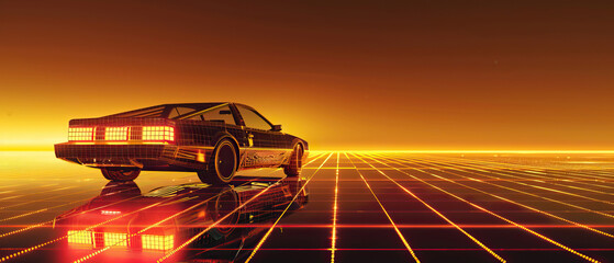 Wall Mural - Modern aesthetic, low, back wheel, side on view from behind, car on neon laser gridlines driving towards horizon. 3D 80s retro wave, futuristic, clear, beautiful, isolated, futurism, copy space