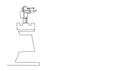 Poster - Animated self drawing of single one line drawing young energetic astronaut on top of big rook chess piece using monocular looking for success, future business trends. Full length single line animation