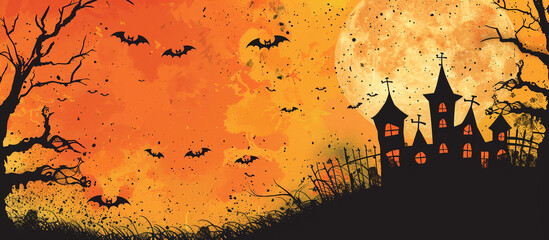 Wall Mural - Halloween Fullmoon Banner, Witch, Haunted House, Pumpkins and Bats.