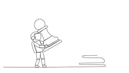 Poster - Self drawing animation of single one line drawing astronaut holds pawn chess to beat king chess. Strategic planning, business development strategy, tactics in entrepreneurship. Full length animated