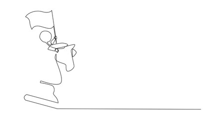 Poster - Animation of single one line drawing young energetic astronaut riding big chess horse knight and holding flag, strategy, competitive, strategic move in business concept. Full length motion