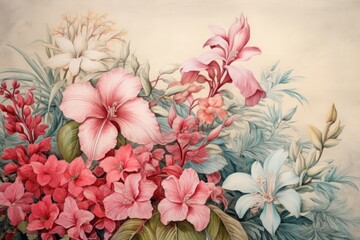 Wall Mural - Vintage drawing of flowers painting pattern sketch.