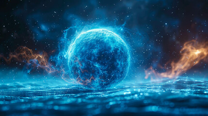 Poster - Abstract blue glowing energy magic bright high tech sphere ball circle  in fire and smoke background