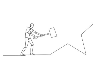 Poster - Self drawing animation of single continuous line drawing smart robot preparing to hit the big star. The destroyer of dream. Failed to get the best career position. Anger. AI tech. Full length animated