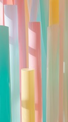 Wall Mural - Three-dimensional colorful columns, a series of vertical columns in pastel shades of pink, blue, yellow, and greenon a light background, creating a sense of order and harmony.