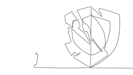 Poster - Animation of single one line drawing smart robot preparing to hit big shield. Rampage. System is undermined by business competitors. Unfair competition. Virus attack. Full length motion