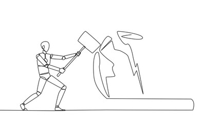 Poster - Animated self drawing of continuous one line drawing smart robot preparing to hit the big crown. Destroying the symbols of authoritarian kingdom. Expect justice. Full length single line animation