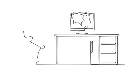 Poster - Animated self drawing of single continuous line drawing smart robotic preparing to hit computer monitor on the work desk. Stocks that don't rise. Anger escalated. Full length single line animation