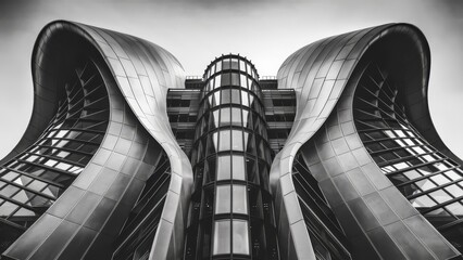 Sticker - A black and white photo of a building with curved shapes, AI