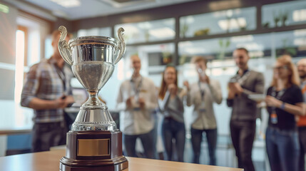 silver trophy with celebrating team in background. silver trophy award for business achievement with