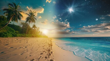 Stunning beach scene transitioning from daylight to starry night, featuring palm trees, golden sand, and calm ocean waves under a vibrant sky.