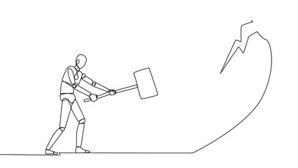 Poster - Self drawing animation of continuous one line drawing smart robot preparing to hit big heart. Broken heart. Loss of concentration. Emotional feeling. No direction. Angry. Madness. Full length animated