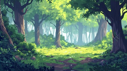 Anime cartoon style woodland forest background.Generative AI.