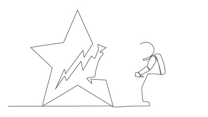 Poster - Self drawing animation of single one line drawing young astronaut preparing to hit the big star. The destroyer of dream. Failed to get the best career position. Anger overflowed. Full length animated
