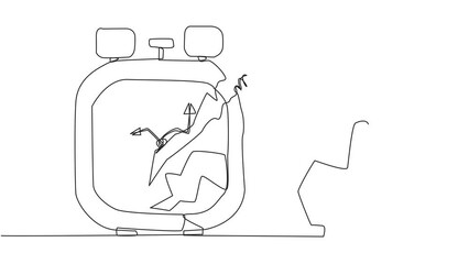 Poster - Animation of single continuous line drawing young astronaut preparing to hit the big alarm clock. Can't manage time well. Many business opportunities disappear. Angry cosmonaut. Full length motion