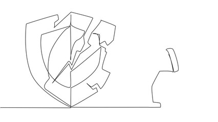Poster - Animated self drawing of continuous one line drawing astronaut preparing to hit shield. Rampage. System is undermined by business competitors. Unfair competition. Full length single line animation