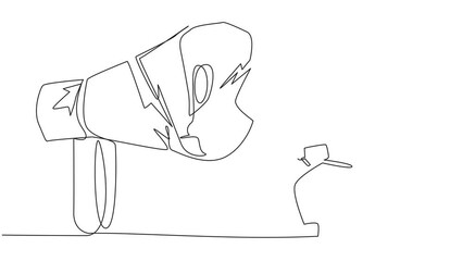 Poster - Self drawing animation of single one line drawing young astronaut preparing to hit the big megaphone. Destroy of hoax information that damage business stability. Destroy slander. Full length animated