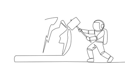 Poster - Animation of single continuous line drawing young astronaut preparing to hit the big crown. Destroying the symbols of authoritarian kingdom. Expect justice for business people. Full length motion
