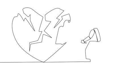 Poster - Self drawing animation of single continuous line drawing young astronaut preparing to hit the big heart. Broken heart. Loss of concentration. Emotional feeling. Angry. Madness. Full length animated