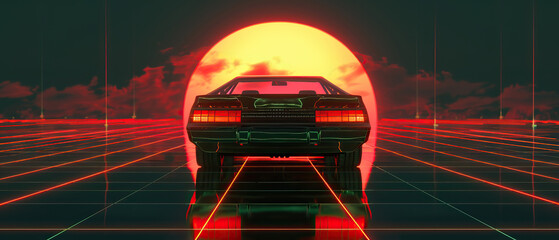 Wall Mural - Artistic, aesthetic 90s car on neon laser gridlines driving towards sunset horizon. 3D 80s retro wave, futuristic, clear, simple, beautiful, isolated, futurism, background, template