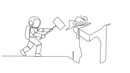 Poster - Self drawing animation of single continuous line drawing young astronaut preparing to hit big gift box. Cosmonaut disappointment. Destroying everything in sight. Angry. Madness. Full length animated