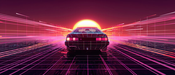 Wall Mural - Artistic, aesthetic 90s car on neon laser gridlines driving towards sunset horizon. 3D 80s retro wave, futuristic, clear, simple, beautiful, isolated, futurism, background, template