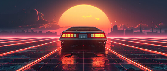 Wall Mural - Artistic, aesthetic 90s car on neon laser gridlines driving towards sunset horizon. 3D 80s retro wave, futuristic, clear, simple, beautiful, isolated, futurism, background, template, mirrored floor