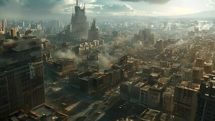 Poster - an overhead view of a city featuring towering skyscrapers and urban development, a post-apocalyptic 