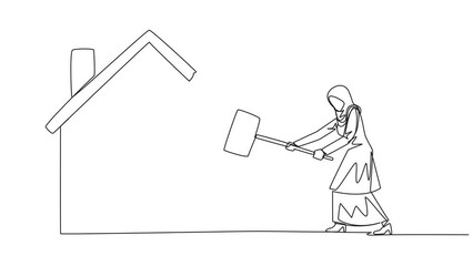 Poster - Animated self drawing of single continuous line drawing Arabian businesswoman preparing to hit miniature house. Metaphor of house as collateral for payment. Bankrupt. Full length single line animation