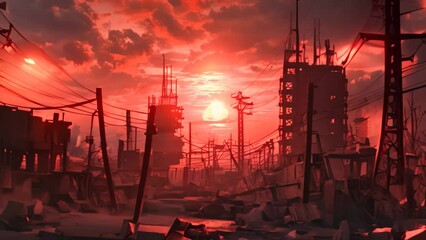 Canvas Print - A painting depicting a red sunset casting a warm glow over a cityscape with buildings, A post-apocalyptic wasteland with crumbling buildings and mutated creatures