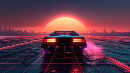 Wall Mural - Artistic, aesthetic 90s car on neon laser gridlines driving towards sunset horizon. 3D 80s retro wave, futuristic, clear, simple, beautiful, isolated, futurism, background, template