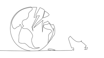 Poster - Self drawing animation of continuous one line drawing Arabian businesswoman preparing to hit the globe. Disappointed with world. Businesses fall apart before it grow. Anger. Full length animated