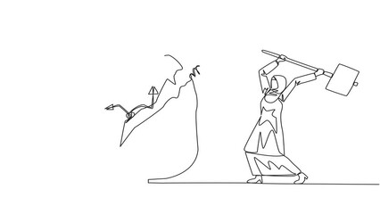 Poster - Animation of single continuous line drawing Arab businesswoman preparing to hit alarm clock. Can't manage time well. Many business opportunities disappear. Angry businesswoman. Full length motion