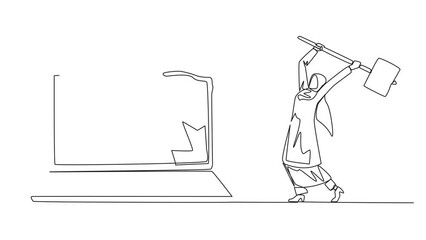 Aufkleber - animated self drawing of single one line drawing arabian businesswoman preparing to hit laptop. dest