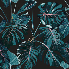 Poster - Tropical vintage  palm, plant, monstera floral seamless border, vintage background. Exotic  jungle wallpaper.