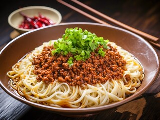 A delicious bowl of savory noodles topped with minced meat and fresh herbs, served beautifully on a rustic wooden table with chopsticks.