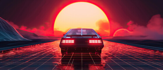 Wall Mural - Artistic, aesthetic 90s car on neon laser gridlines driving towards sunset horizon. 3D 80s retro wave, futuristic, clear, simple, beautiful, isolated, futurism, background, template