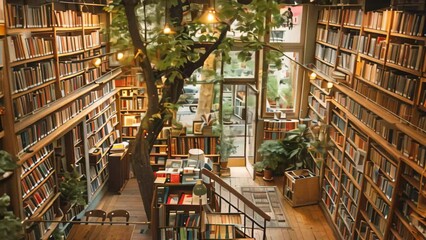 Poster - A library filled with numerous books is located beside a tree, A quaint bookstore with shelves filled with books and cozy reading nooks