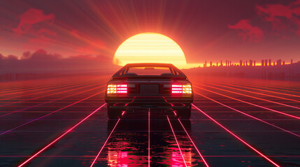 Wall Mural - Artistic, aesthetic 90s car on neon laser gridlines driving towards sunset horizon. 3D 80s retro wave, futuristic, clear, simple, beautiful, isolated, futurism, background, template, pink and red