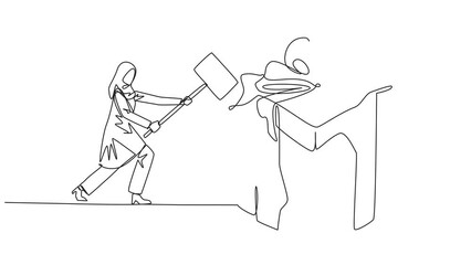 Poster - Self drawing animation of continuous line drawing Arabian businesswoman preparing to hit big gift box. Businessman express disappointment. Destroying everything in sight. Full length animated